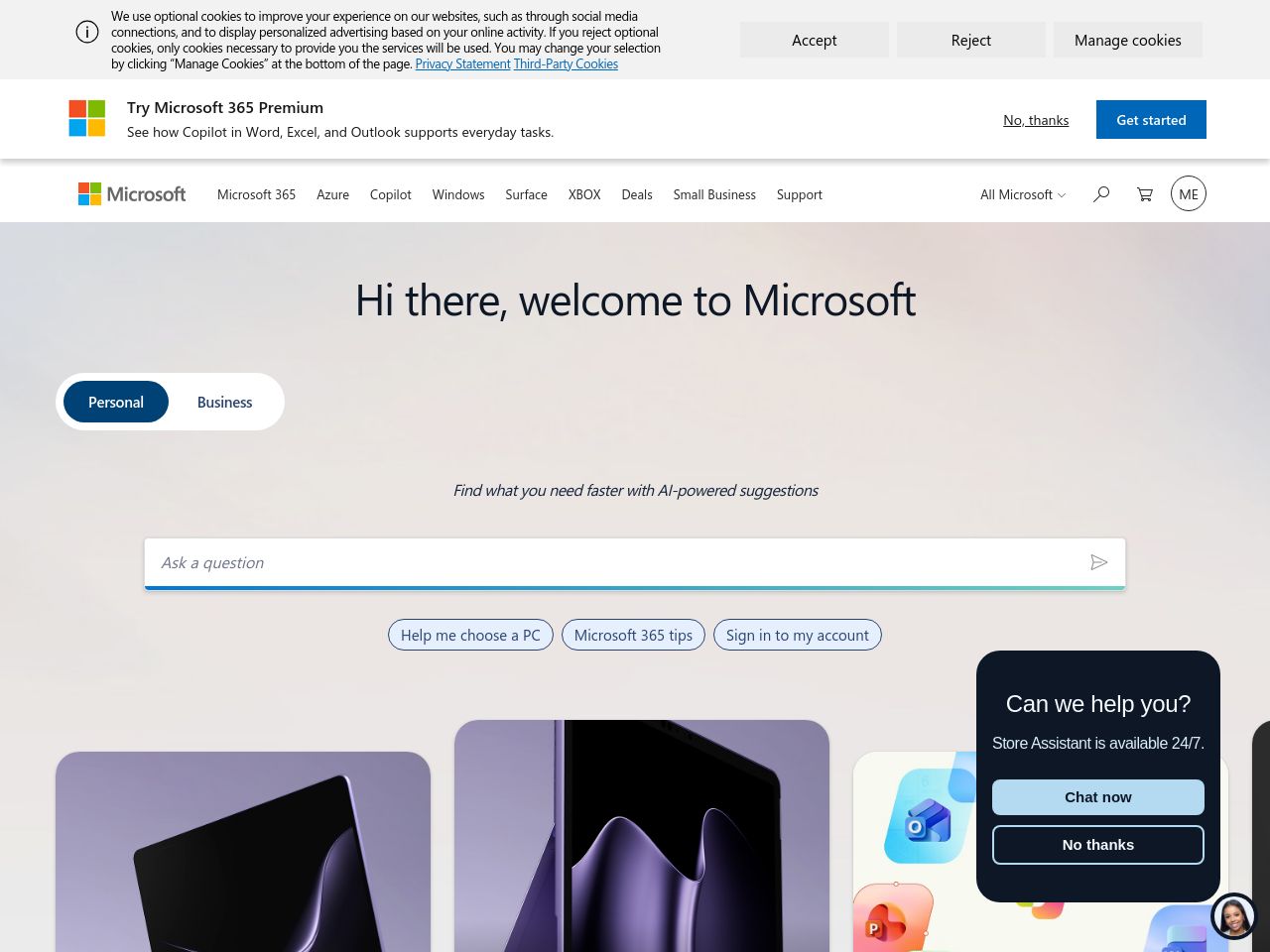 Microsoft homepage as a person sees it, captured 3 October 2026