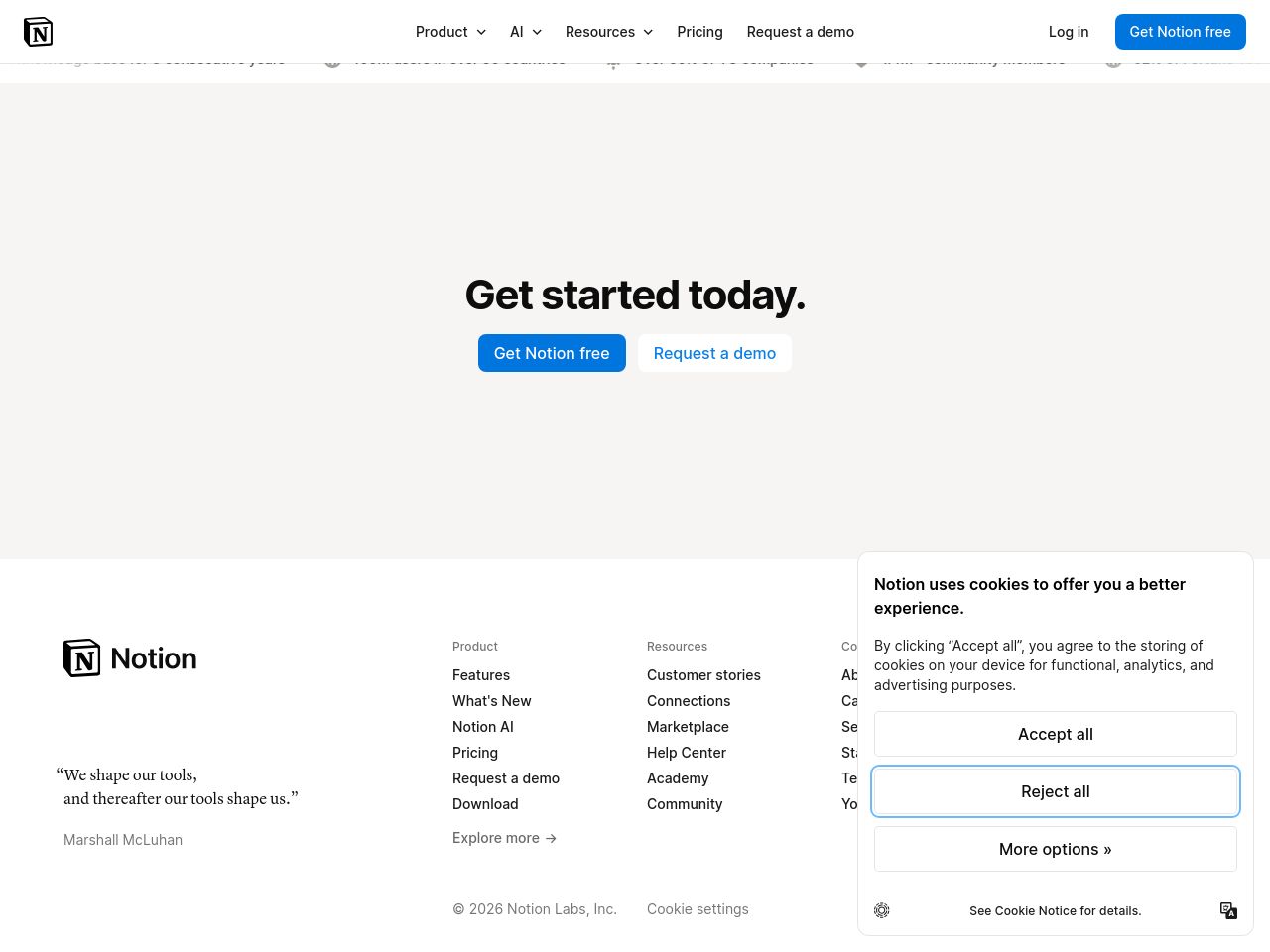 Notion homepage as a person sees it, captured 3 October 2026