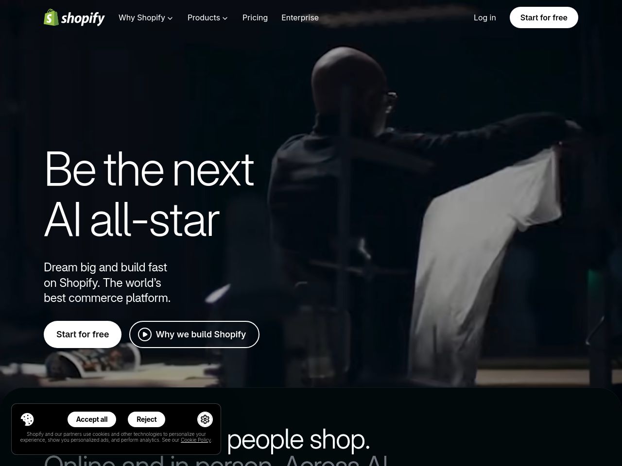 Shopify homepage as a person sees it, captured 3 October 2026